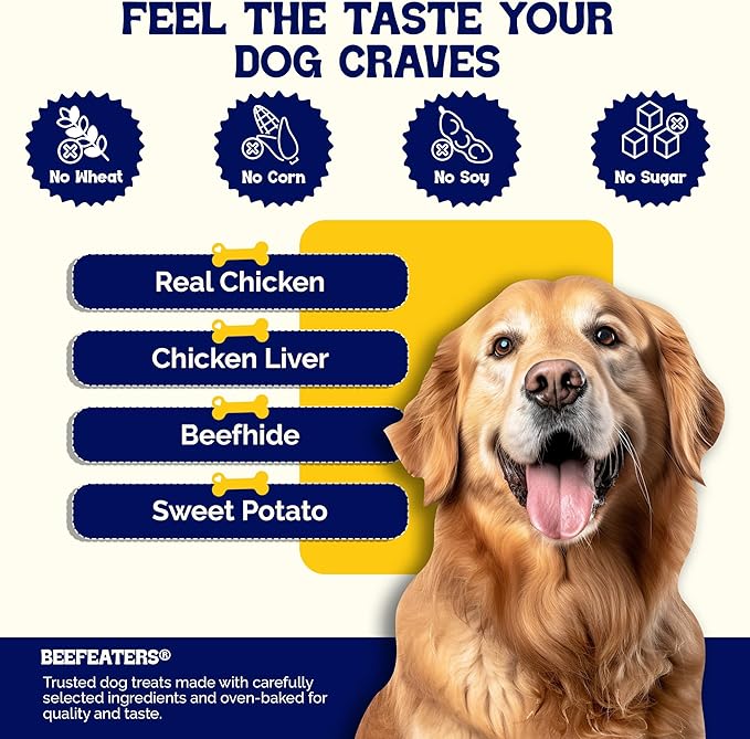Beefeaters Beefhide 1.58oz (12 Pack) Triple Flavor Kabobs Dog Treats with Real Chicken, Liver & Sweet Potato – Long-Lasting Dog Kabob Treats for Chewing, Dental Support*, Flavor-Packed Treats