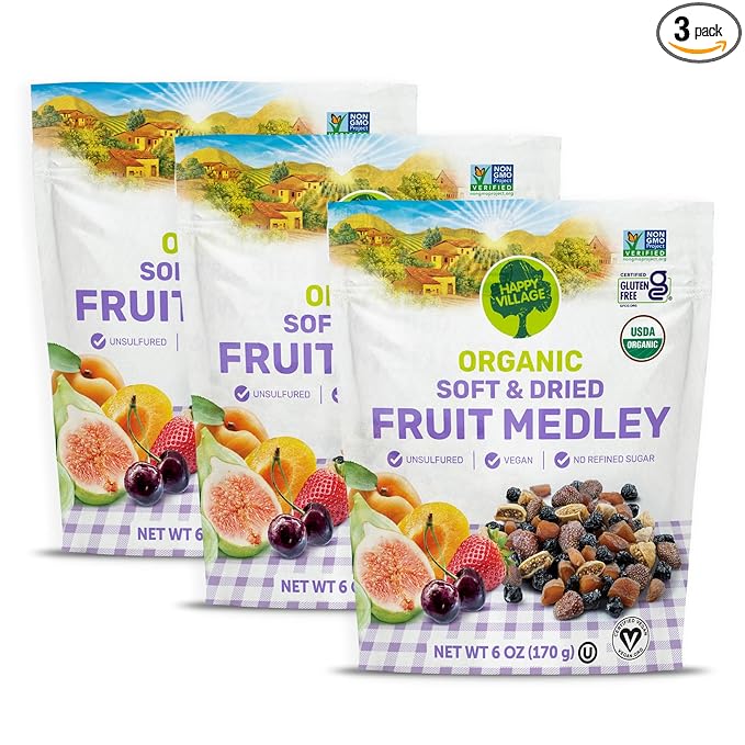 Happy Village Organic Dried Fruit Mix - Apricots, Figs, Strawberries & Tart Cherries, 18 OZ (3 Packs of 6 OZ) - Kosher, Non-GMO, No Refined Sugar, Vegan, Unsulfured Dried Fruit Medley