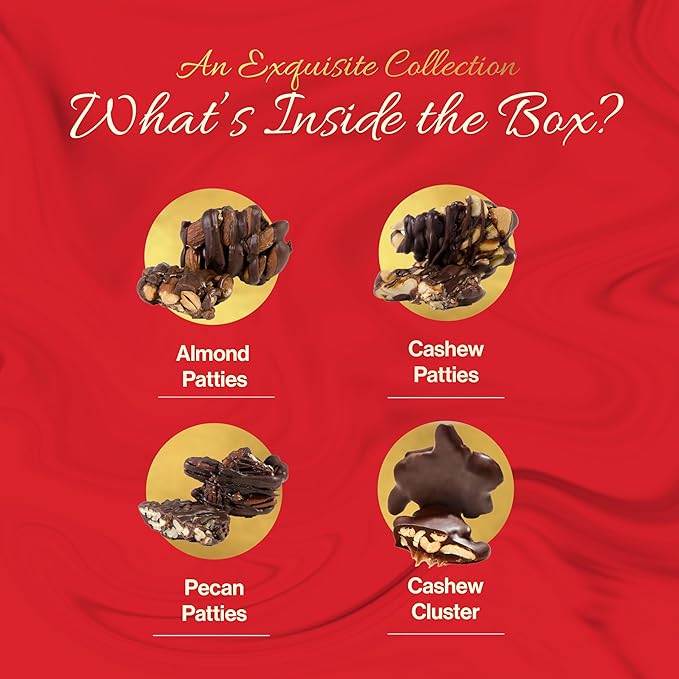 Nut Clusters Chocolate Gift Box - Assorted Caramel Brittles, Pecan Patties, Almond & Cashew Clusters, Kosher Dairy Free Nuts and Chocolates Basket, Dark Chocolate Covered Nuts Valentines Day Baskets Gifts