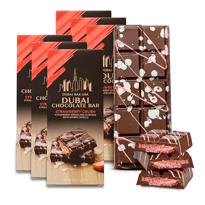 Dubai Chocolate Bar Strawberry Crush – 2.47oz Premium Chocolate with Strawberry & Crispy Kataifi Filling – Dubai Knafeh Dessert Inspired – Made in USA (6 Pack)