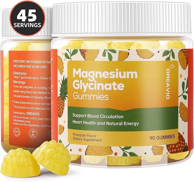 DREAVIO 90 Count Magnesium Glycinate Gummies 400mg w/Ashwagandha Supplement - Sugar Free Zinc Magnesium Glycinate Supplement Ashwagandha Gummies for Adults Pineapple Flavor
