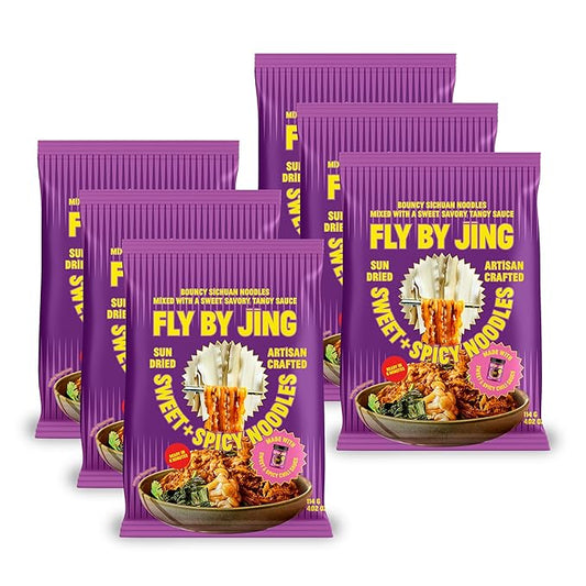 FLYBYJING Sweet & Spicy Noodles - Sun-Dried, Wavy, Bouncy Asian Instant Noodles with Sichuan Chili Sauce - Ready in 6 Minutes - Vegan, High Protein, No MSG, 4.02 oz (Pack of 6)