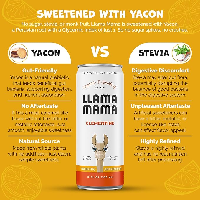 Llama Mama Clementine Organic Sparkling Prebiotic Soda • Gut & Immune Support • High Vitamin C, Antioxidants • NO Sugar • NO Artificial Sweeteners • NO Stevia • Vegan Plant Fiber • 12 Pack
