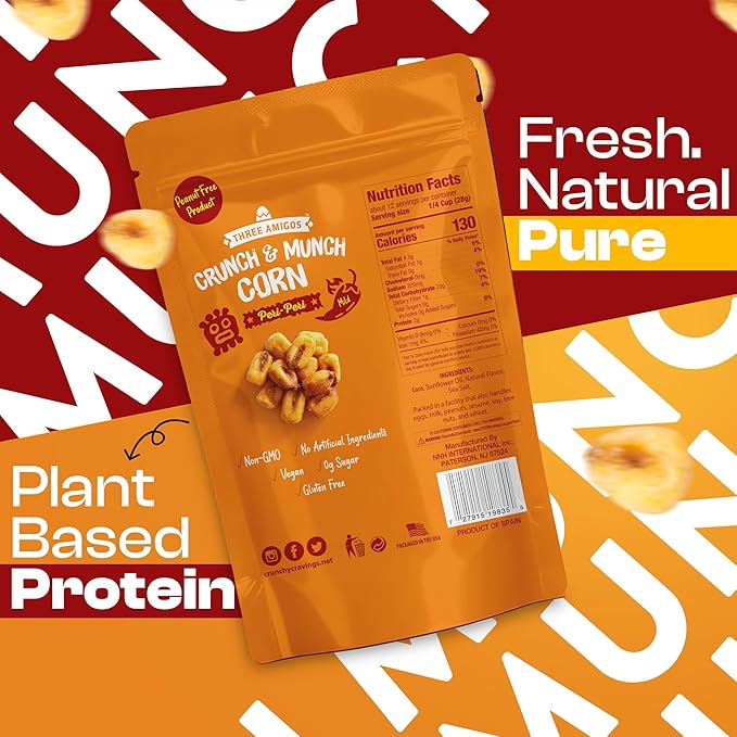 Three Amigos Corn Nuts Suger Free, 100% Vagan, Peanut Free Non-GMO (All Natural Ingredients) Guilt-Free snacking Toasted Corn Kernels in Reseable Bag - Crunchy & Munch Snack (12 OZ) (12 oz, Peri Peri)