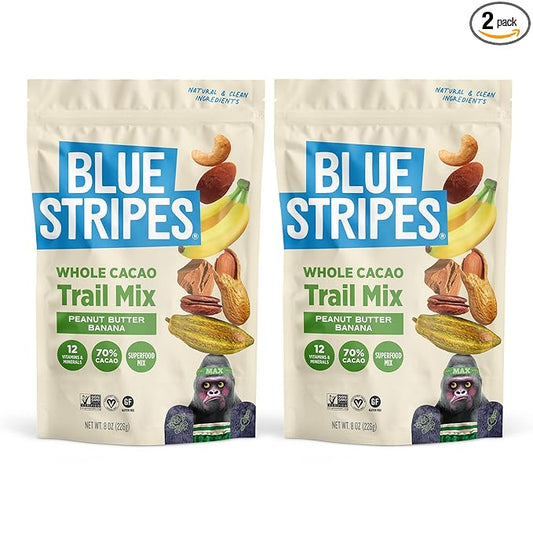 Blue Stripes - Trail Mix, Peanut Butter Banana, Cashews, Peanut Butter Chips, Healthy Snacks for Adults, Whole 70% Cacao, With Unrefined Sugar, Non GMO, Gluten Free, Vegan - 2 Pack, 8 oz