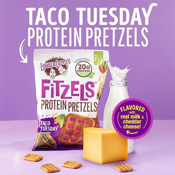 Lenny & Larry's Protein Pretzel [Taco Tuesday] FITZELS - Crunchy, Salty, Savory, Tasty Snack High in Protein - Taco Tuesday 20 g's of Plant Protein 8 Bags, 3 oz Each
