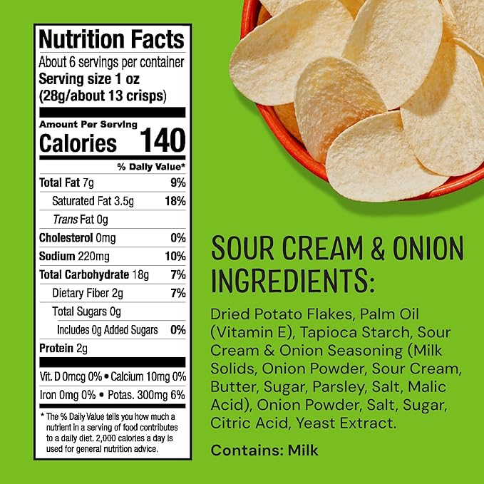 The Good Crisp Company, Sour Cream and Onion, Gluten Free Potato Chips (5.6 Ounce Canisters, Pack of 8), Non-GMO, Allergen Friendly, Potato Chip Snack Pack, Gluten Free Snacks