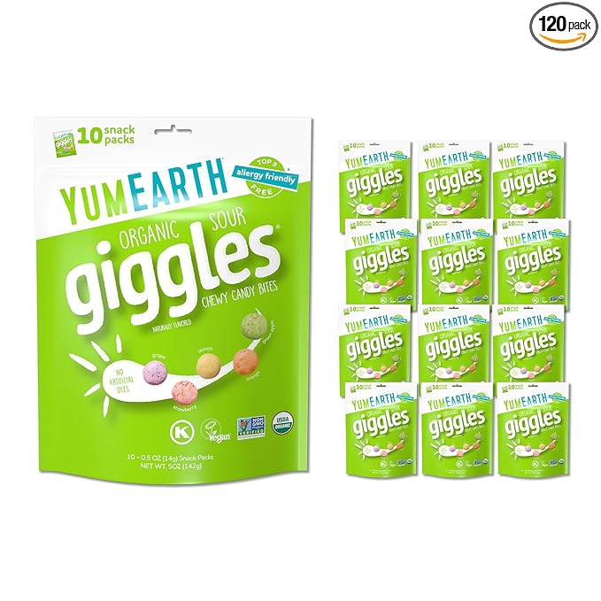 YumEarth Organic Sour Giggles Chewy Candy – Allergy Friendly, No Artificial Dyes, Non GMO, Gluten Free, Sour Fruit Flavored, Vegan Candy Snacks 0.5 oz (Pack of 120)