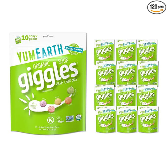YumEarth Organic Sour Giggles Chewy Candy – Allergy Friendly, No Artificial Dyes, Non GMO, Gluten Free, Sour Fruit Flavored, Vegan Candy Snacks 0.5 oz (Pack of 120)