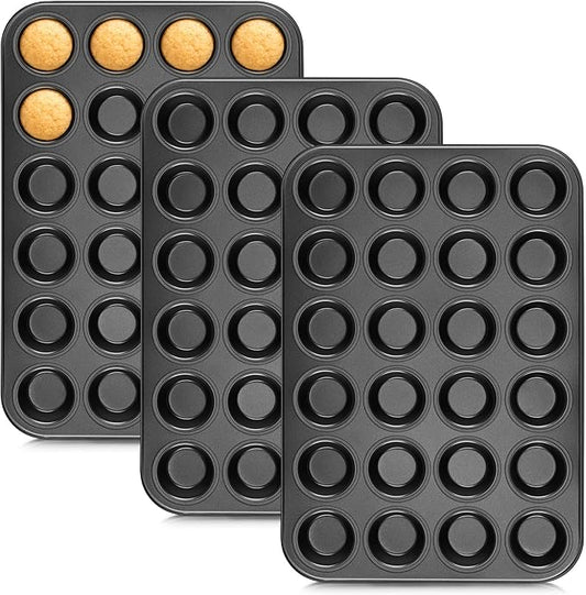 E-far 24-Cup Mini Muffin Pan - 3 Pack Nonstick Carbon Steel Cupcake Tin Tray for Little Bites & Freezer Prep | Warp-Free Bakeware Ensures Even Baking & Effortless Release, Regular Size & Oven Safe