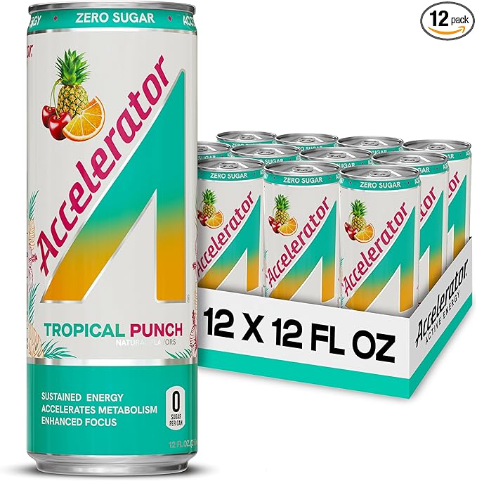 Accelerator Energy Drink, Tropical Punch, 12oz can (12 pack), Zero Sugar, Sustained Energy from 100% Natural Caffeine (200mg from Green Coffee Bean & Green Tea extract)