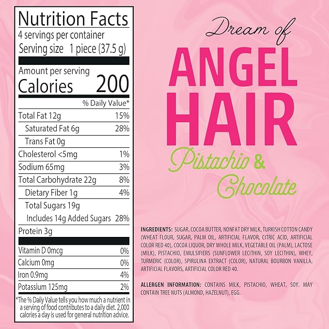 Fiorella Dubai Angel Hair Chocolate Bar 5.29 Oz, Pink & White Cotton Candy, Luxurious Milk Chocolate with a Heavenly Pistachio Cream and Fluffy Cotton Candy Filling, Unique Multi-Layered Sweet Experience