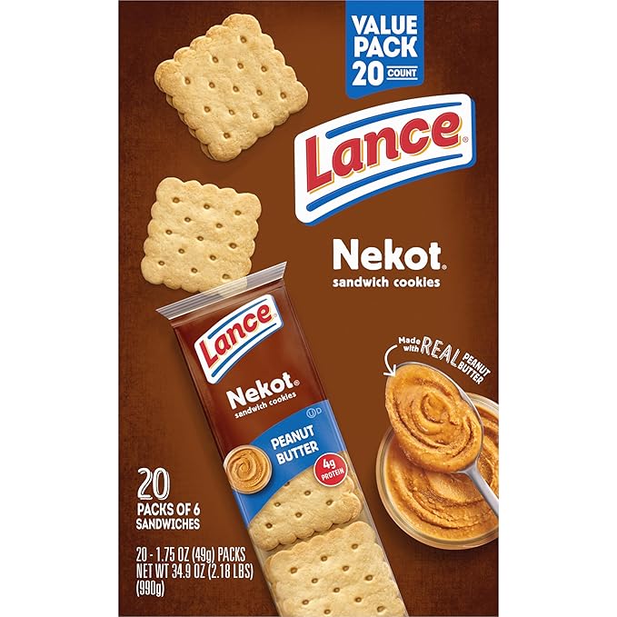Lance Sandwich Cookies, Nekot Peanut Butter, 20 Individually Wrapped Packs, 6 Sandwiches Each (Pack of 6)