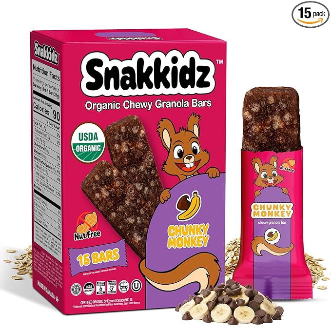 Snakkidz Organic Chewy Granola Bars for Kids, Allergen-Free, Nut-Free, Gluten-Free, Low Sugar Snack Bars Made with Avocado Oil, Individually Wrapped, School Lunch Snacks, Bulk Pack of 15, Chunky Monkey