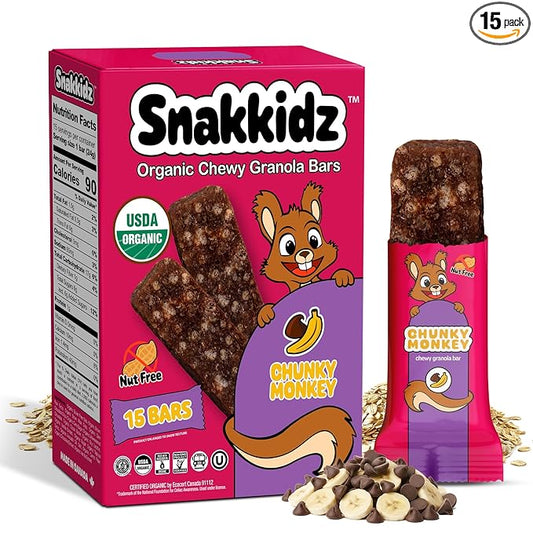 Snakkidz Organic Chewy Granola Bars for Kids, Allergen-Free, Nut-Free, Gluten-Free, Low Sugar Snack Bars Made with Avocado Oil, Individually Wrapped, School Lunch Snacks, Bulk Pack of 15, Chunky Monkey