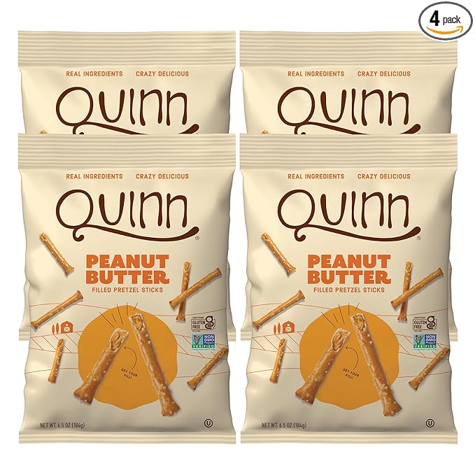 Quinn Snacks Peanut Butter Filled Pretzel Sticks - Gluten Free Snack, Salty & Crunchy, Made with Real Natural Ingredients, Peanuts, Sorghum, & Root Vegetables, Dairy Free, Vegan - 6.5 oz (Pack of 4)