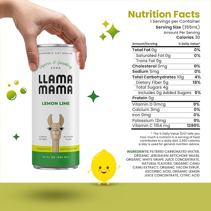 Llama Mama Lemon Lime Organic Sparkling Prebiotic Soda • Gut & Immune Support • High Vitamin C, Antioxidants • NO Sugar • NO Artificial Sweeteners • NO Stevia • Vegan Plant Fiber • 12 Pack