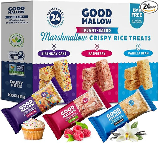 GoodMallow Vegan Rice Crispy Treats Individually Wrapped Box of 24 , Kosher Vegan Snacks, Gluten Free Dairy Free Snacks for Kids & Adults - Healthy Sweets Made with Gourmet Marshmallows , Made in USA -combo pack of all flavors