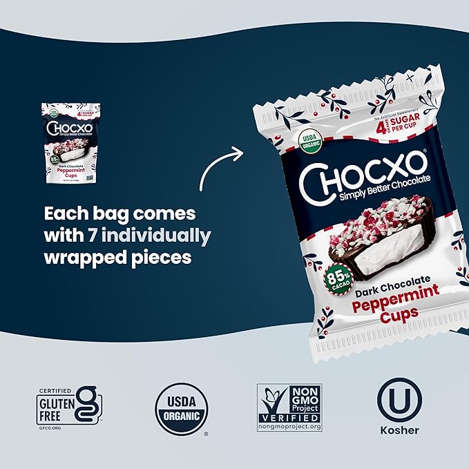 Chocxo Dark Chocolate Peppermint Cups - Lower Sugar Christmas Candy, 85% Organic Cacao, NonGMO, Keto, Gluten Free, Kosher. No Artificial Sweeteners/Sugar Alcohols, 3.45 oz (Pack of 6)