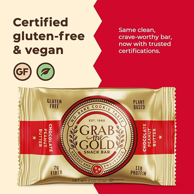 Grab The Gold Chocolate Peanut Butter Protein Snack Bars | 11g Plant-Based Protein, Organic Oats, Gluten-Free, Vegan, Dairy-Free, Kosher, High-Fiber Energy Bars | 14 Bars