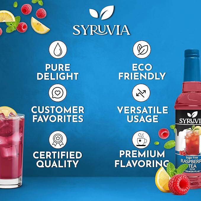Syruvia Sugar Free Raspberry Tea Flavored Syrup for Drinks, Cocktails, Lemonades, Iced Teas and Desserts – 25.4 fl oz