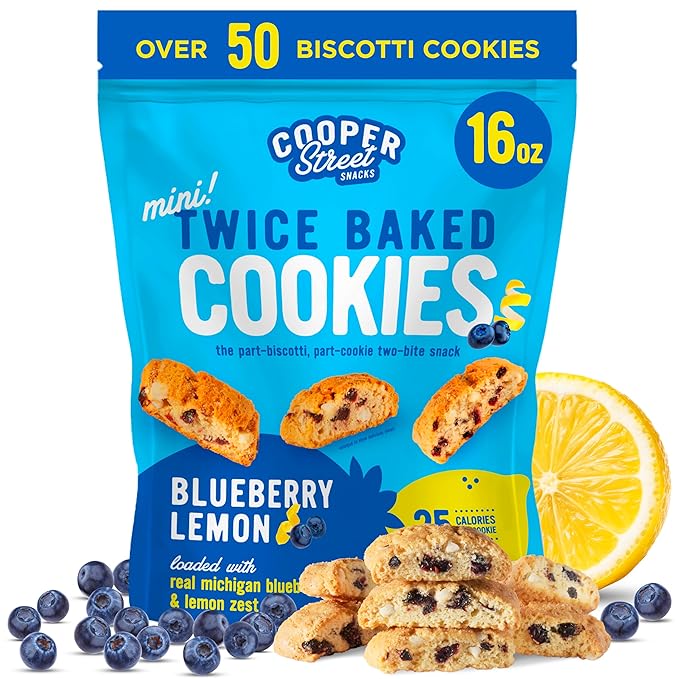 Cooper Street Twice-Baked Blueberry Lemon Biscotti Cookies (16 oz) – Over 50 Biscotti per Bag Loaded with Real Fruit, Italian Style Snacks Ideal with Coffee or Tea - Dairy, Peanut & Soy Free, Kosher