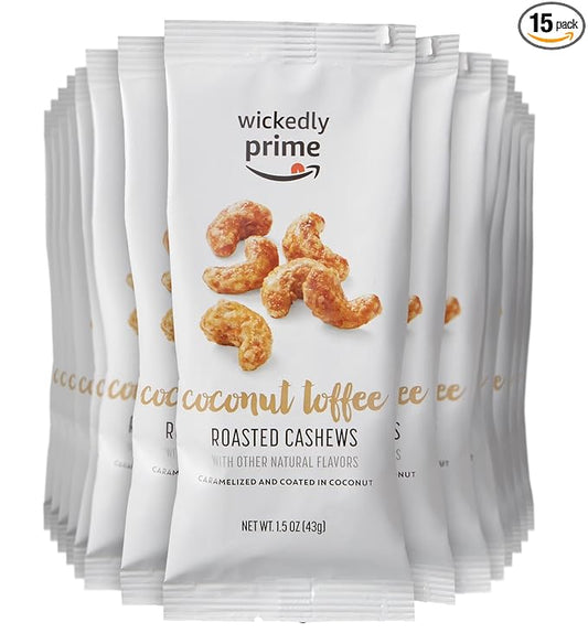 Amazon Brand - Wickedly Prime Roasted Cashews, Coconut Toffee, Snack Pack, 1.5 Ounce (Pack of 15) Package May Vary