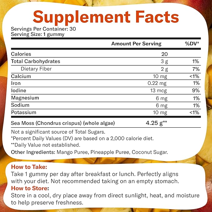 True Sea Moss Gummies – High Potency 4250mg Wildcrafted Irish Sea Moss Gel Extract + Mango Pineapple Flavor – With Coconut Sugar & Fruit Purée – 30 Gummies (30 Servings)