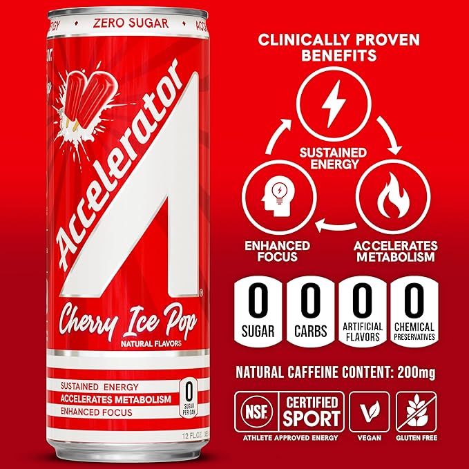 Accelerator Energy Drink, Cherry Ice Pop 12oz can (12 pack), Zero Sugar, Sustained Energy from 100% Natural Caffeine (200mg from Green Coffee Bean & Green Tea extract)