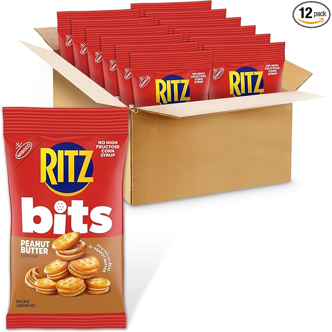 RITZ Bits Peanut Butter Sandwich Crackers, Snacks for Kids and Adults, Lunch Snacks, 12 - 3 oz Bags