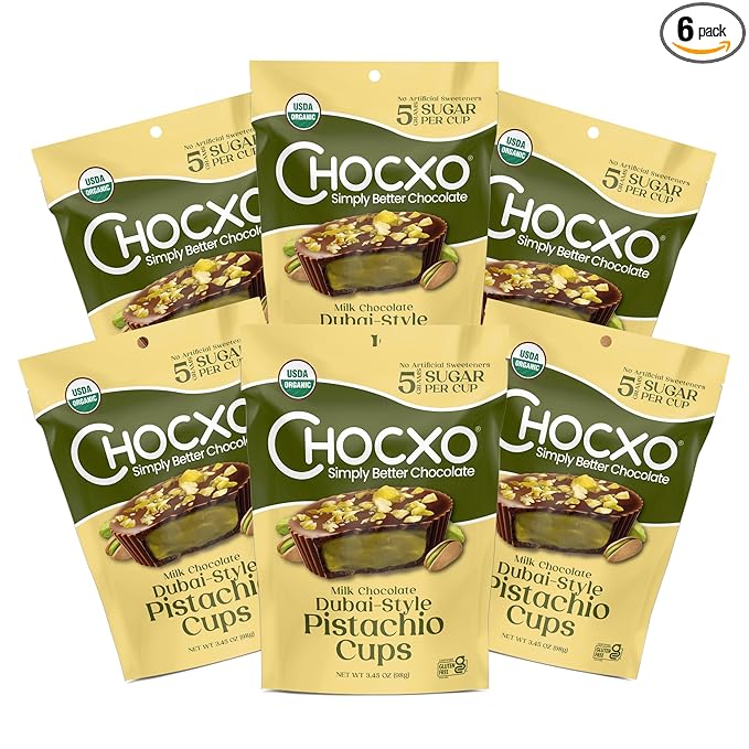 Chocxo Milk Dubai Chocolate Pistachio Cups - Lower Sugar, Organic, NonGMO, Keto, Gluten Free, Kosher. 43% Cacao, No Artificial Sweeteners/Sugar Alcohols, 3.45 oz (Pack of 6)