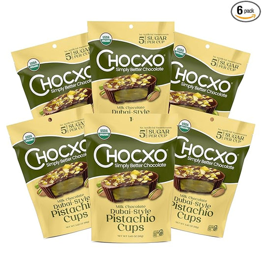 Chocxo Milk Dubai Chocolate Pistachio Cups - Lower Sugar, Organic, NonGMO, Keto, Gluten Free, Kosher. 43% Cacao, No Artificial Sweeteners/Sugar Alcohols, 3.45 oz (Pack of 6)