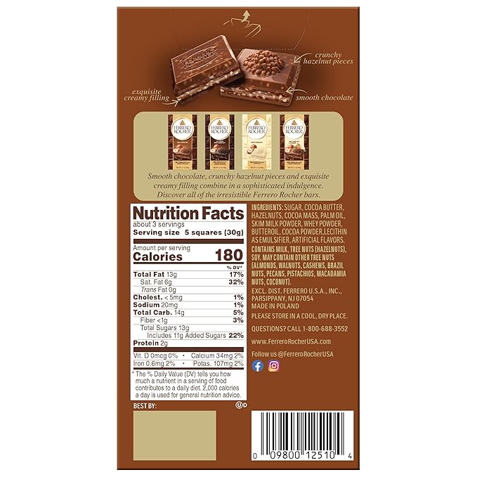 Ferrero Rocher Premium Chocolate Bars,2 Pack, Milk Chocolate Hazelnut, Luxury Chocolate, Individually Wrapped, 3.1 Oz Each