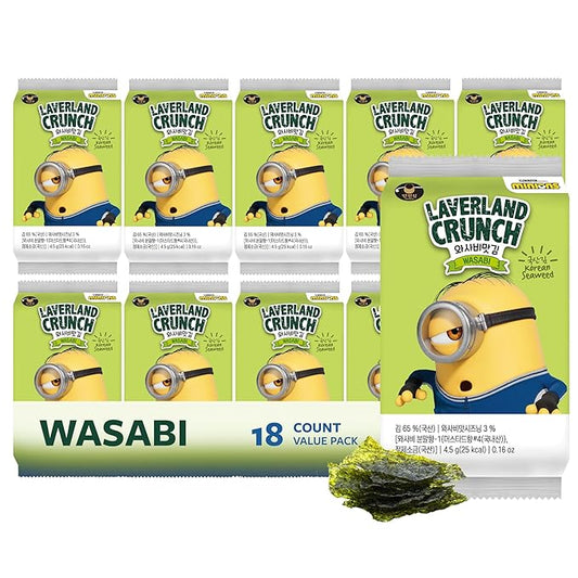 Laverland Crunch Seaweed Snacks, Wasabi, Minions, 18 Individual Snack Packs – Double Roasted Korean Seaweed, Healthy Snacks for Adults & Kids, 0.16 Oz Ea