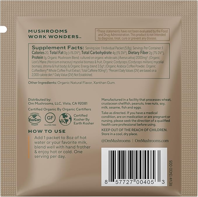 OM MUSHROOM SUPERFOOD Instant Coffe – Organic Arabica with Lion’s Mane, Cordyceps, Reishi, Turkey Tail & Ginkgo Biloba – Supports Energy, Focus & Mental Clarity – Single Serve Pack (10 Count)