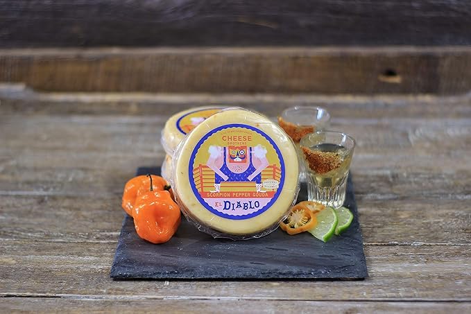Cheese Bros. Deluxe Hot & Spicy Gift Box | Fresh from Wisconsin | Gouda varieties including Scorpion Pepper, Honey Sriracha, Mango Habanero, 3 Amigos Pepper and 2 bottles of Hot Sauce | Food Gifting