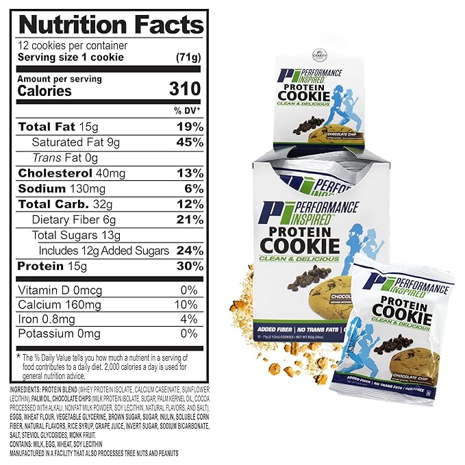 Performance Inspired Nutrition Protein Cookie - Contains: BIG 15G Isolate Protein - 6G Of Fiber - All Natural - Guilt Free - No Artificial Ingredients - Chocolate Chip Flavor - 12 Count