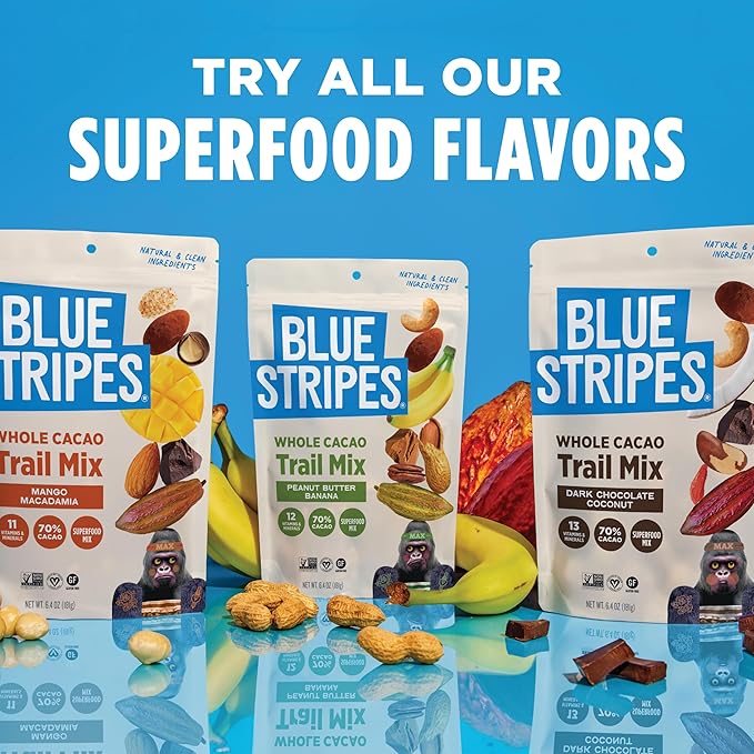 Blue Stripes - Trail Mix, Peanut Butter Banana, Cashews, Peanut Butter Chips, Healthy Snacks for Adults, Whole 70% Cacao, With Unrefined Sugar, Non GMO, Gluten Free, Vegan - 2 Pack, 8 oz