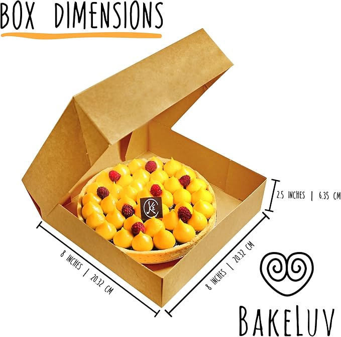 BAKELUV 100 Pack 8x8x2.5 Inch Brown Bakery Boxes with Window | Cookie Boxes, Pastry, Desserts, Treats, Food, Cardboard Takeaway/Takeout Containers | Kraft