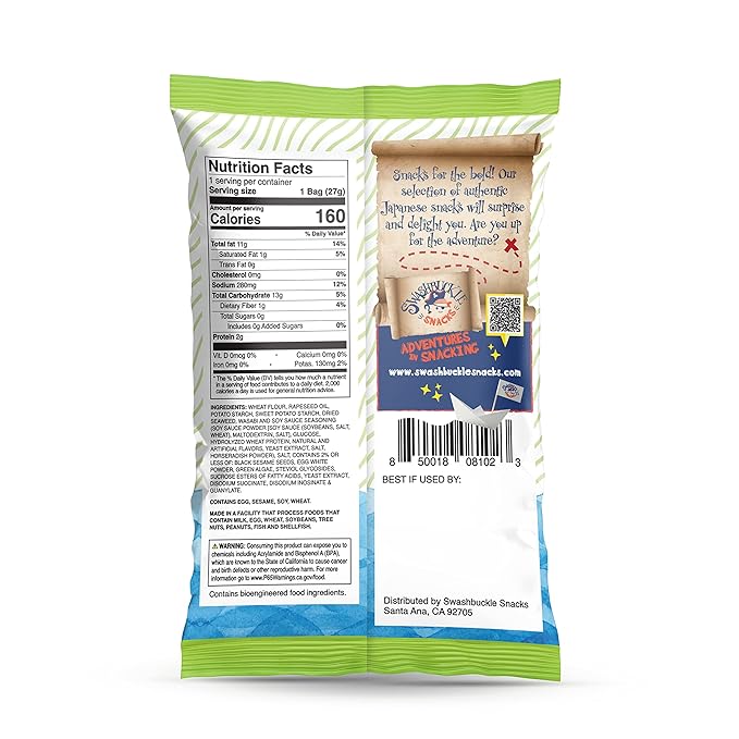 Japanese Tempura Seaweed Chips, Noriten – Wasabi & Soy Sauce Flavor | 0.95oz x 5 Pack | Made in Japan by Swashbuckle Snacks