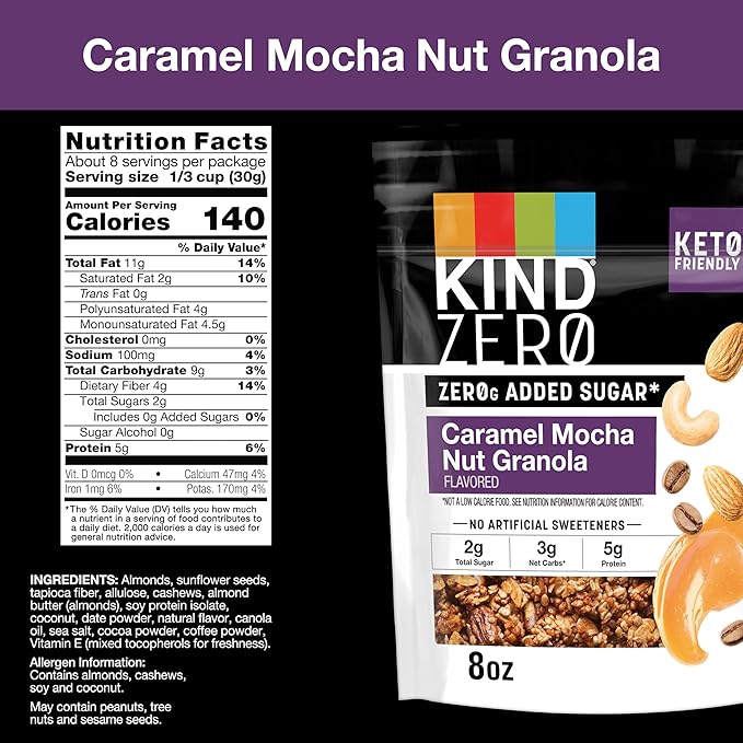 KIND Zero Added Sugar Keto Granola, Variety Pack, Apple Cinnamon Nut and Caramel Mocha Nut, Good Source of Fiber, Gluten Free, Low Sugar, 5g Protein, 2 Count