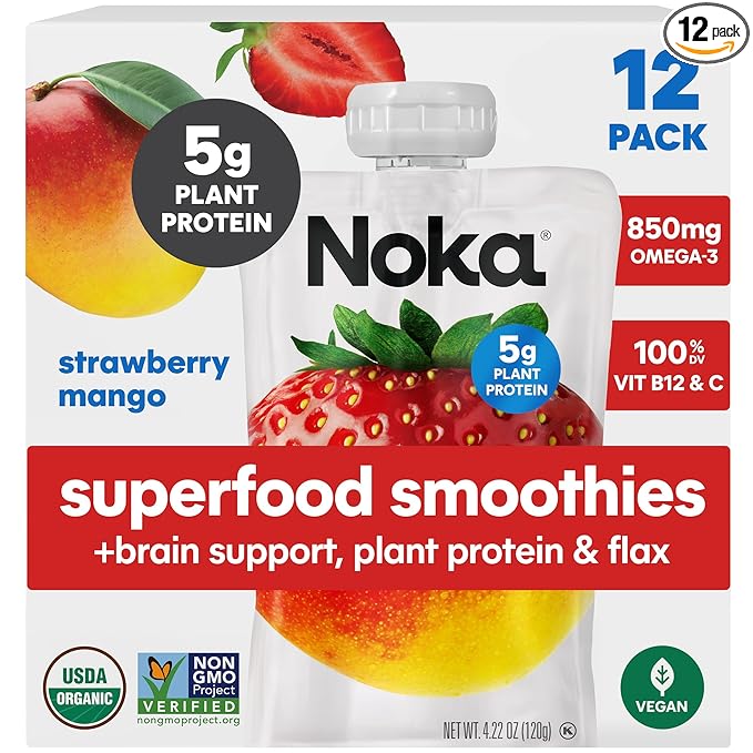 Noka Superfood Fruit Smoothie Pouches Ready to Drink with Brain Support, Healthy Snacks w/ 850mg Omega-3 Flax Seed Plant Protein Vegan Gluten Free Organic Fruit Squeeze Pouch Strawberry Mango 4.22 oz 12 Count