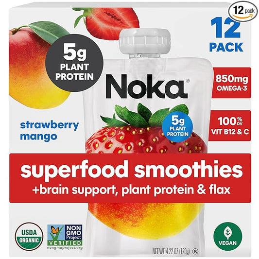 Noka Superfood Fruit Smoothie Pouches Ready to Drink with Brain Support, Healthy Snacks w/ 850mg Omega-3 Flax Seed Plant Protein Vegan Gluten Free Organic Fruit Squeeze Pouch Strawberry Mango 4.22 oz 12 Count