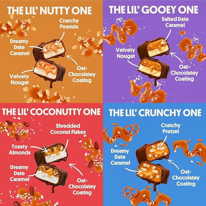 Harken Sweets Lil’ Ones Variety Pack, Mini Oat Milk Chocolate Candy Bars, Sweetened with Dates, No Sugar Added, High Fiber Snack, Dairy Free, Lower Calorie, Plant-Based, 4 Pouches (20 Bars)
