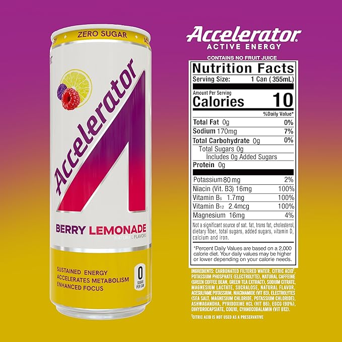 Accelerator Energy Drink, Berry Lemonade 12oz can (12 pack), Zero Sugar, Sustained Energy from 100% Natural Caffeine (200mg from Green Coffee Bean & Green Tea extract)