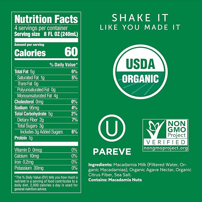 Milkadamia Organic Artisan Macadamia Milk, Non-Dairy, Plant Based, Vegan, Gluten Free, 32 Fluid Ounce (Pack of 6)
