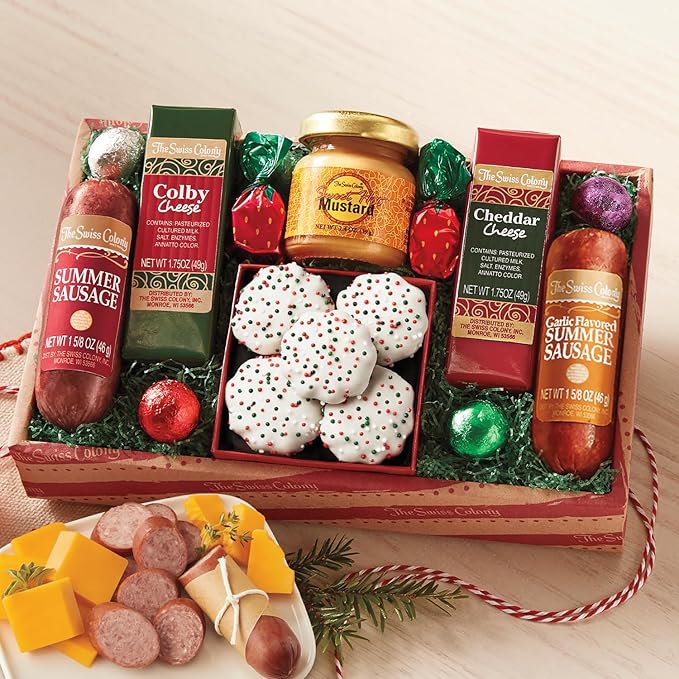 The Swiss Colony Holiday Treasure and Petits Fours Food Gift Bundle - Assorted Cheeses, Candy, Chocolate, Petits Fours, and Summer Sausage Meats