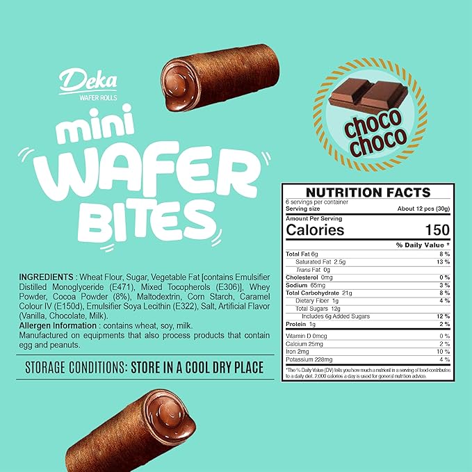 Deka Choco Choco Matcha Mini Wafer Bites, 7oz (Pack of 12) Chocolate Creme Filled Rolled Wafers