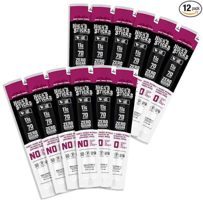 Nick's Sticks Clean & Balanced Spicy Free Range Turkey Snack Sticks | Made in the USA | Gluten Free | Paleo, Keto, Whole30 Approved | No Soy, Antibiotics or Hormones (12 – 1.7oz. Packs of 2 Sticks)