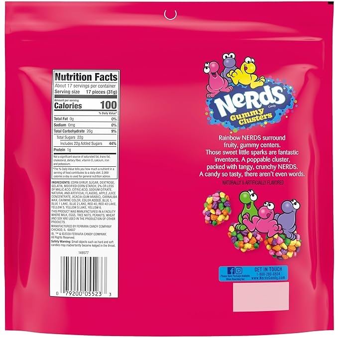 NERDS Gummy Clusters Candy, Rainbow, Crunchy and Gummy, 18.5 oz
